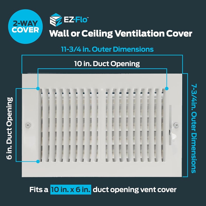 EZFLO 10 x 6 Inch (Duct Opening) Air Vent Cover for Wall or Ceiling, Two-Way Ventilation Register, Solid Steel HVAC Register Cover, White, 61610 - Image 2